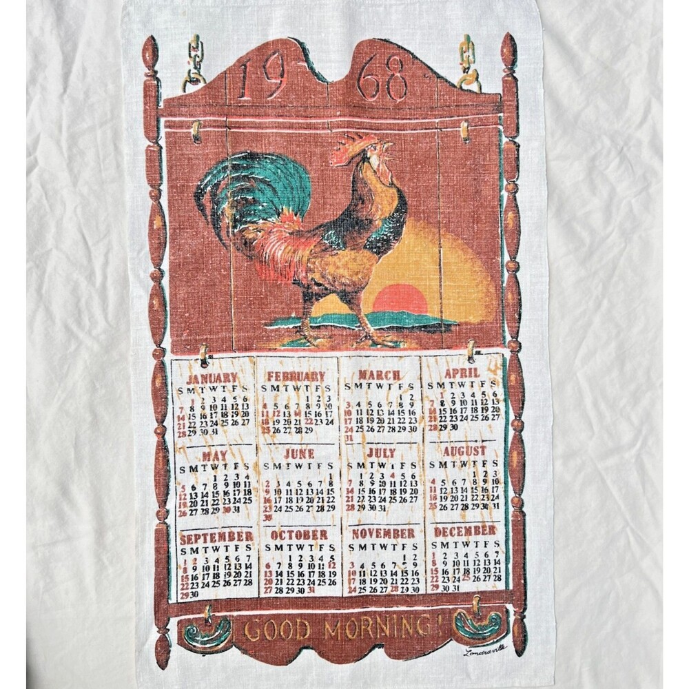 Vtg 1969 Calendar Linen Tea Towel Rooster Good Morning